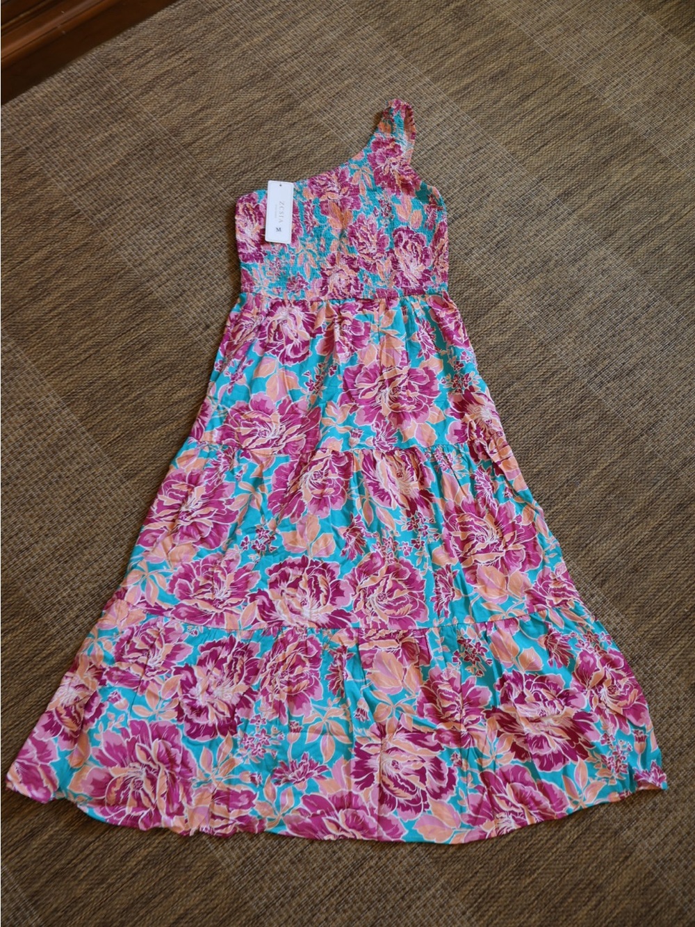 One-Shoulder Floral Maxi Dress - Turquoise & Pink